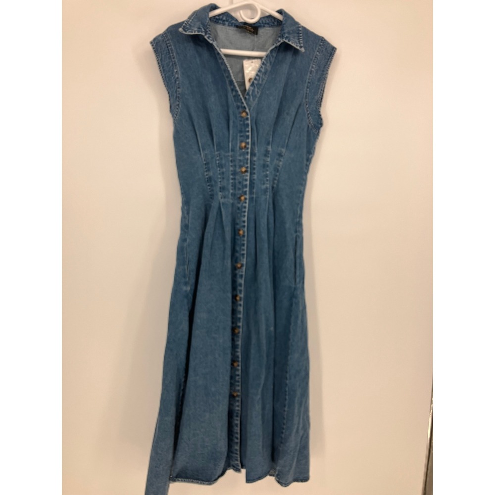 Flying Tomato Denim Midi Dress Blue Button Front Pleated Pocket Women Size M